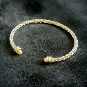 Pearl Tip Two Tone Textured Metal Cuff Bracelet